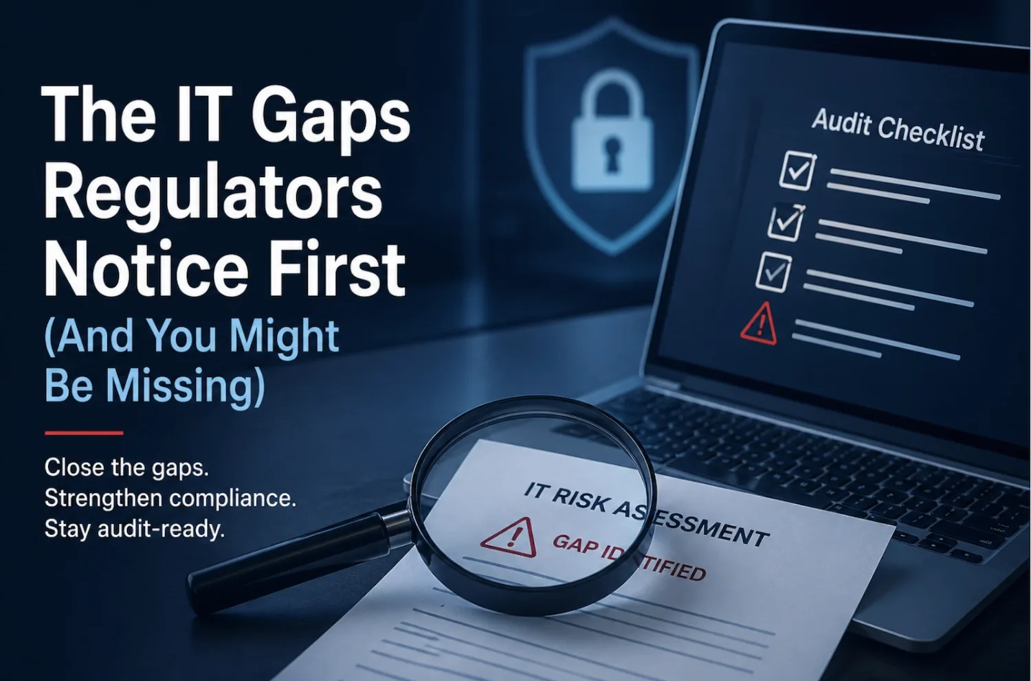 The IT Compliance Gaps Regulators Notice First blog featured image with the title and laptop open with compliance checklist on it