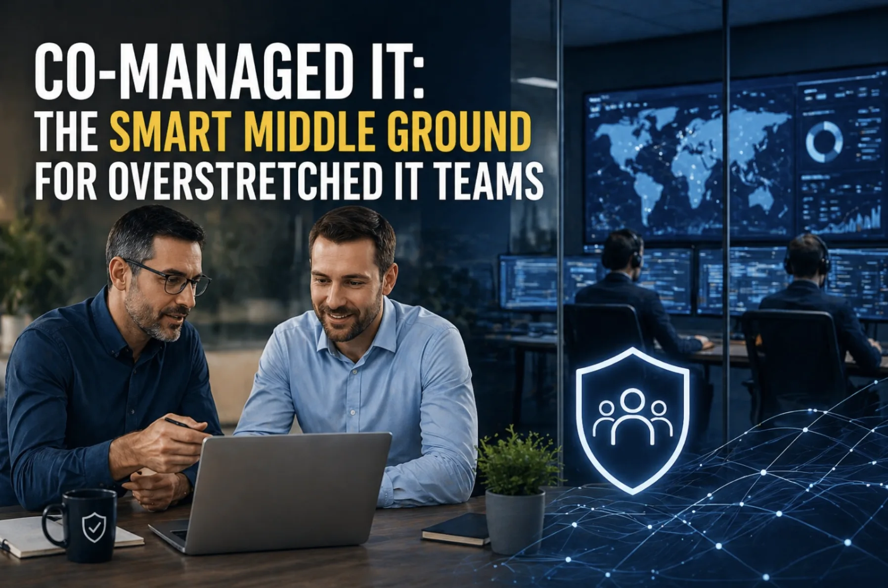 Co-Managed IT Services: The Smart Solution for Overstretched IT Teams. Blog banner of two men sitting at a computer discussing IT services at the company with IT in the background