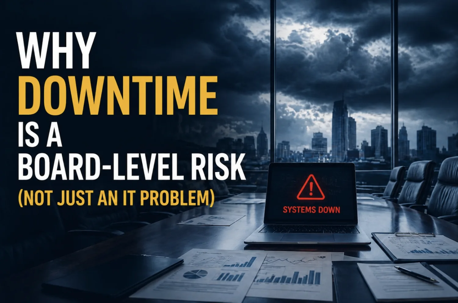 Downtime Business Risk blog banner with text on it that says 'Why Downtime is a Board-Level Risk (Not just an IT problem) with a laptop open and a red warning sign saying system down.