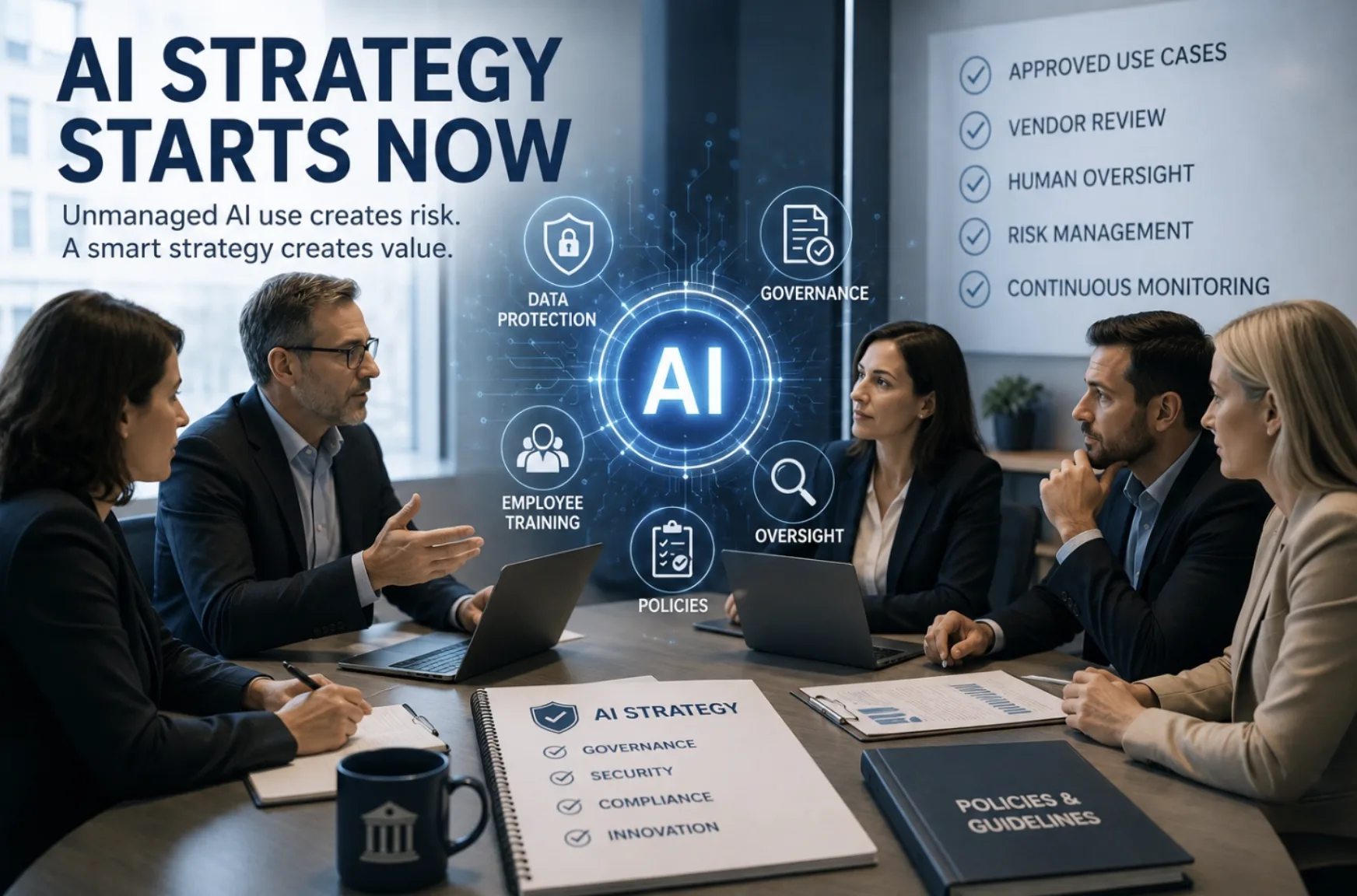 Team members sitting around a table talking about AI strategy for regulated businesses