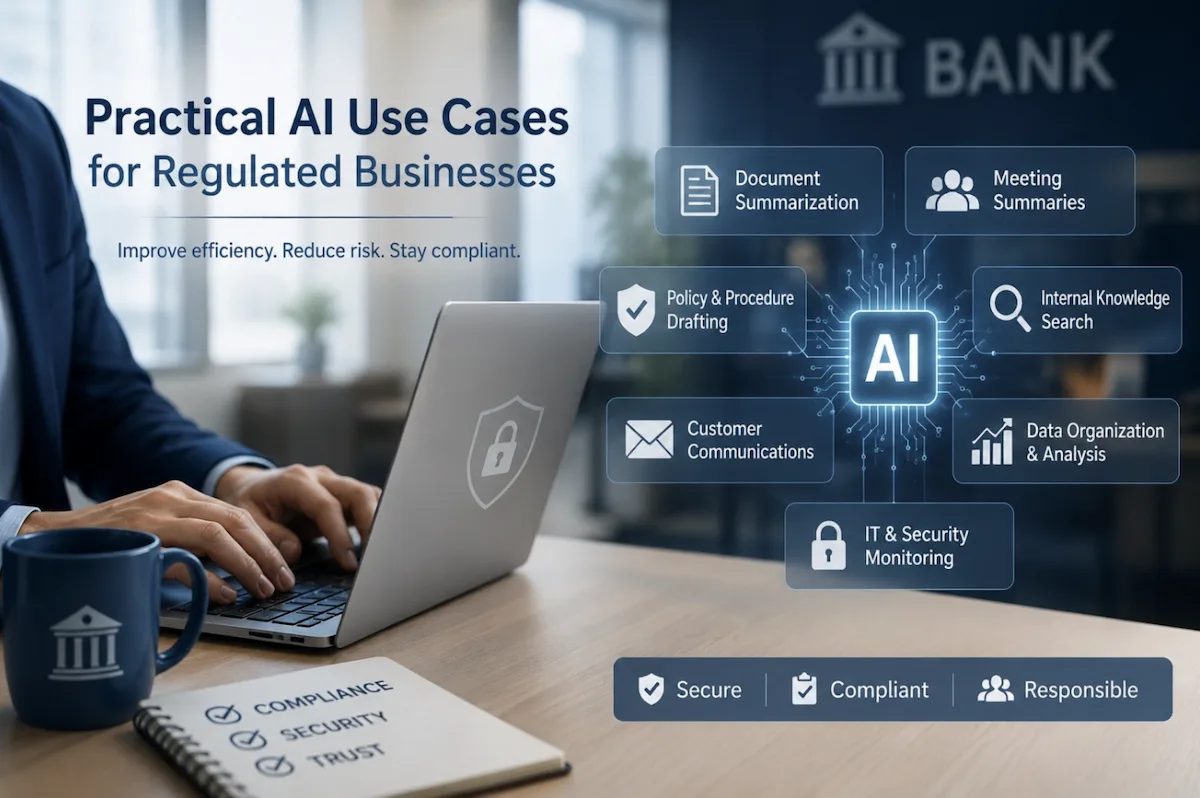 Practical AI Use Cases for Regulated Businesses Practical AI Use Cases for Regulated Businesses cover image of person sitting at the computer with a graph showing what AI could be used for